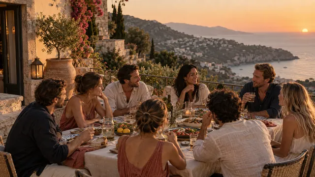 A group shares an outdoor meal around a long table
